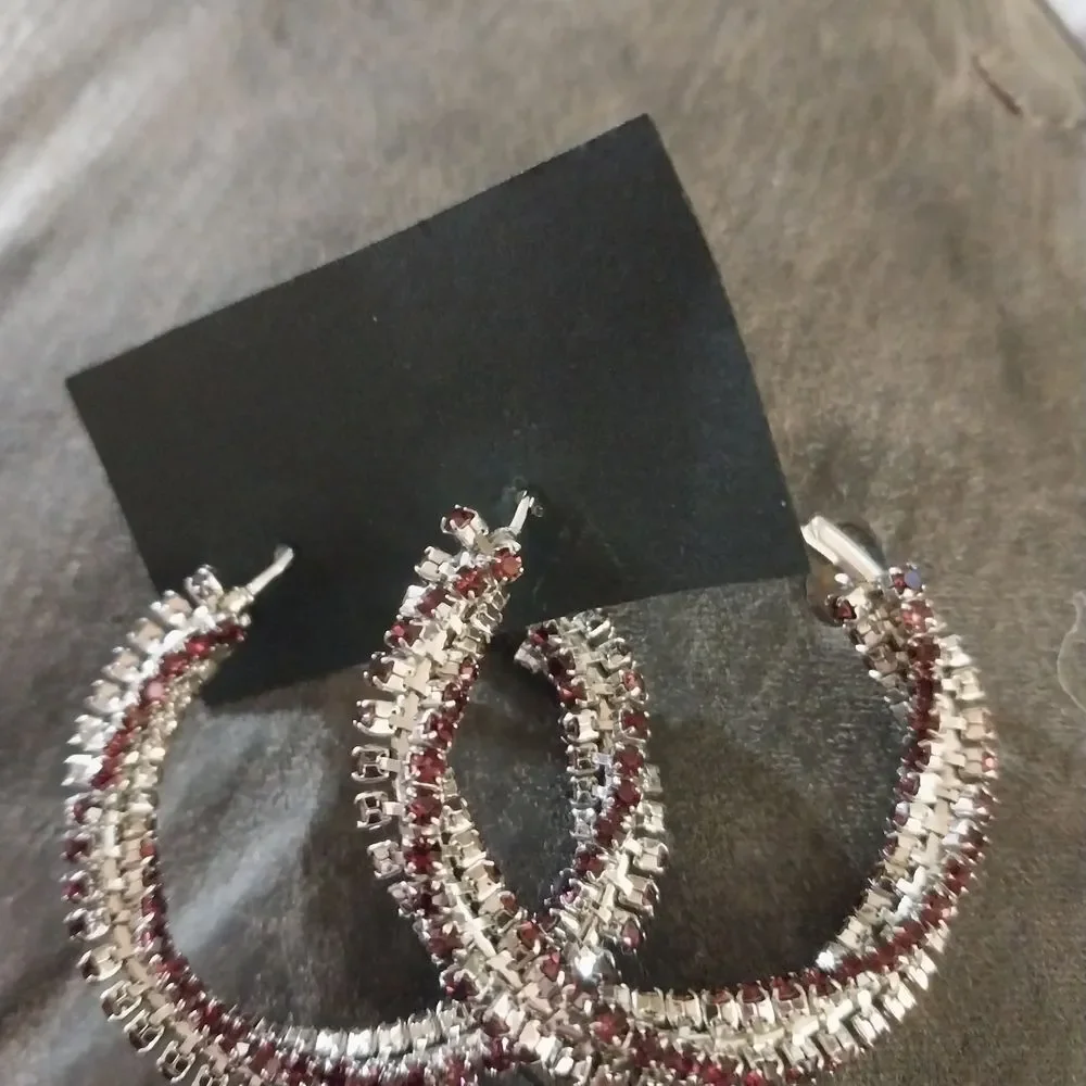 Elegant Silver and Ruby Pierced Hoop Earrings